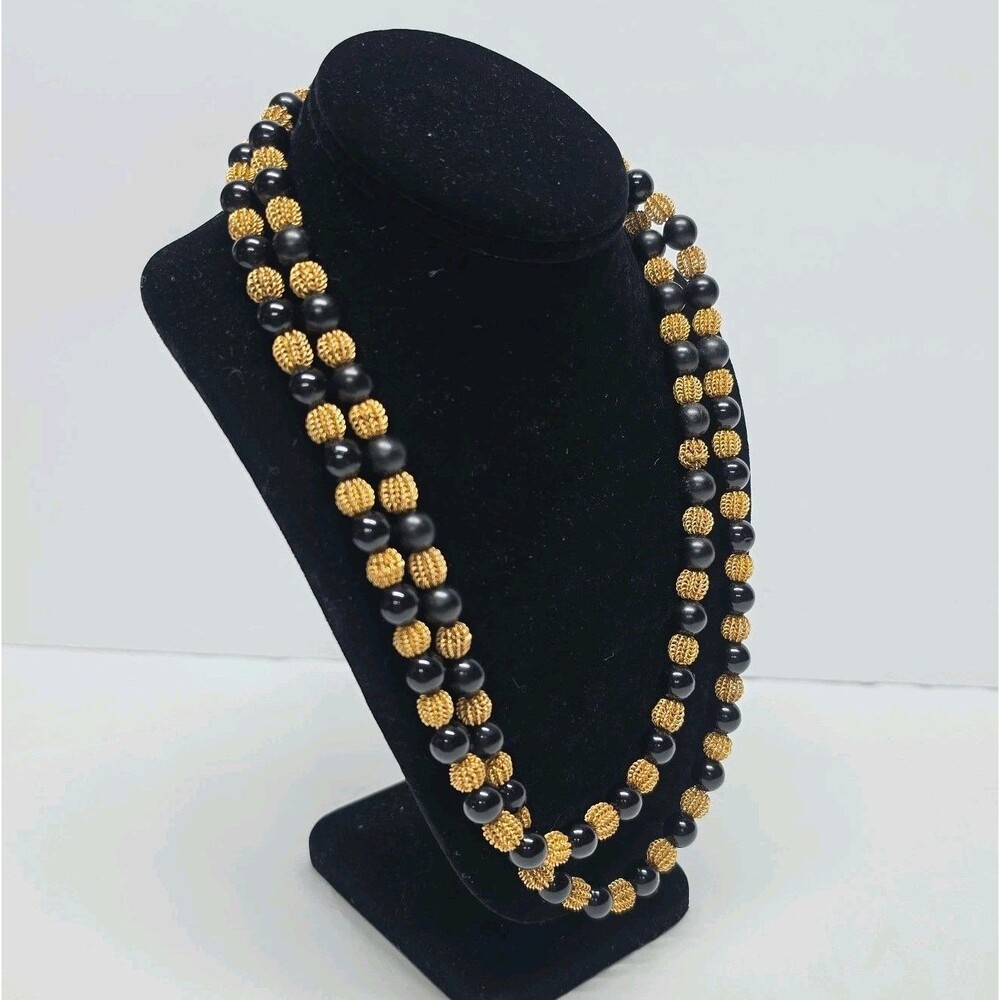 Vintage Anne Klein Black And Gold Spun Beaded Long Necklace Boho Chic 90s 80s